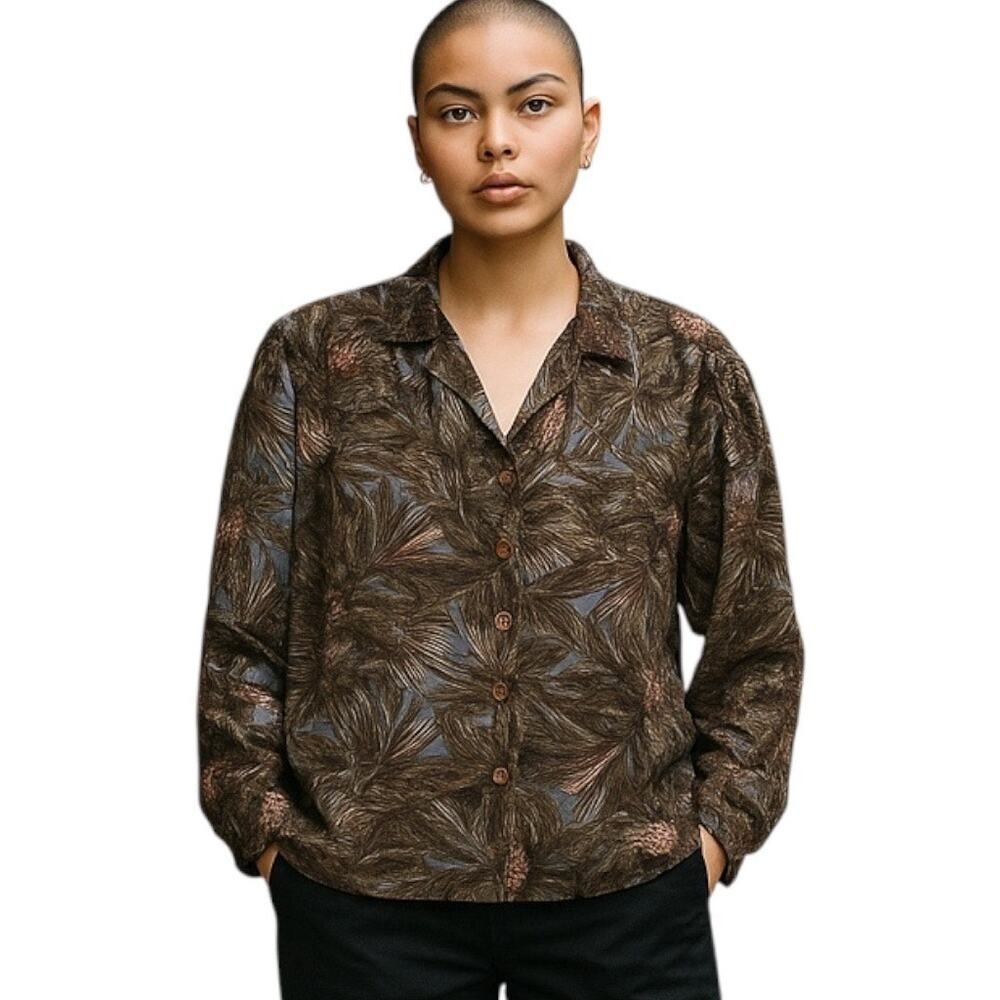 Over Star Vintage Palm Leaves Tropical Print Long‎ Sleeve Pineapple Shirt Size M